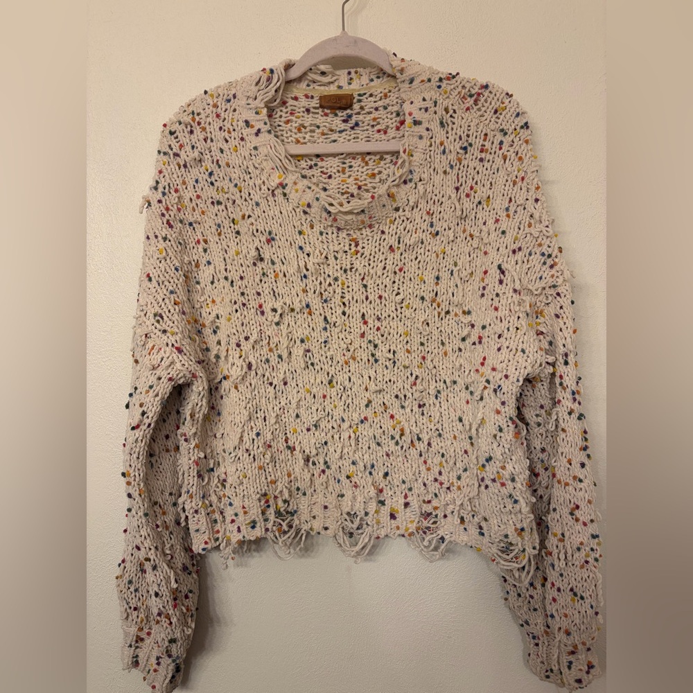 POL Women’s Polka-Dot Knitted Distressed Sweater - Medium